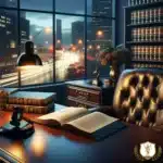 a desk with a gavel and books on it